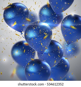 Blue balloons and golden confetti. Vector festive illustration of flying realistic glossy balloon bunch and shiny golden confetti. Decoration 3D element for birthday party invitation design