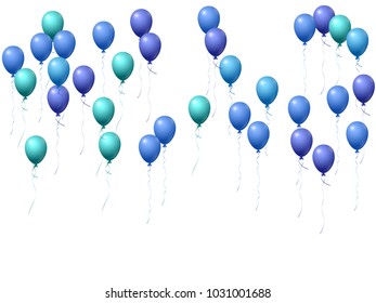 Blue balloons group isolated vector graphic design. Carnival or music festival decoration. Colorful helium flying balloons isolated bunch, group of party decor objects in blue cyan.