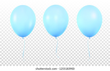 Blue balloons isolated. Set of realistic helium balloons for Birthday.