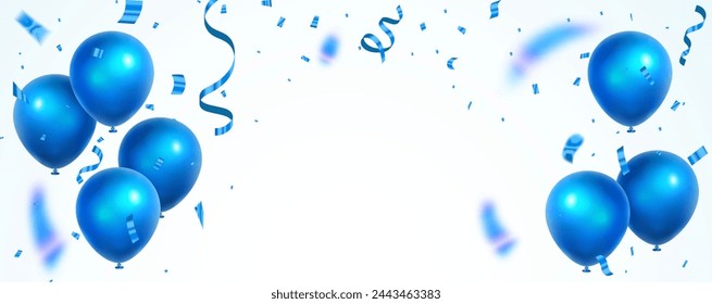 Blue balloons with sparkles and flying confetti isolated on transparent background. Grand opening card luxury greeting rich. Sale Vector illustration frame template.