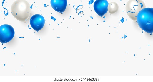 Blue balloons with sparkles and flying confetti isolated on transparent background.