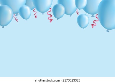 Blaue Ballons. Vektorgrafik. Luftballons mit rosafarbenen Bändern auf türkisem Hintergrund