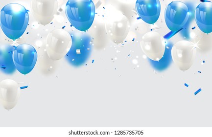 globos azules, ilustración vectorial. Confetti y cintas, fondo de la celebración 