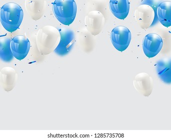 blue balloons, vector illustration. Confetti and ribbons, Celebration background 