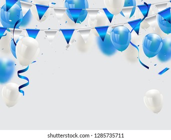 blue balloons, vector illustration. Confetti and ribbons, Celebration background 