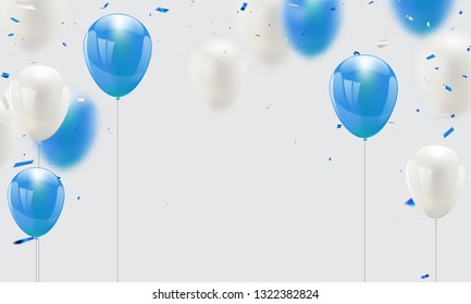 blue balloons, vector illustration. Confetti and ribbons, Celebration background 