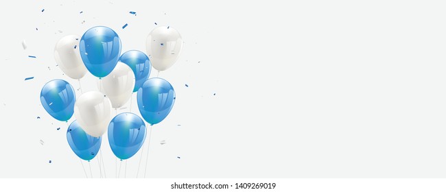 globos azules, ilustración vectorial. Confetti y cintas, fondo de la celebración 