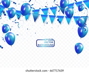 blue balloons, vector illustration. Confetti and flag ribbons, Celebration background template with.