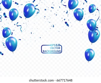 Blue Balloons, Vector Illustration. Confetti And Ribbons, Celebration Background Template With.