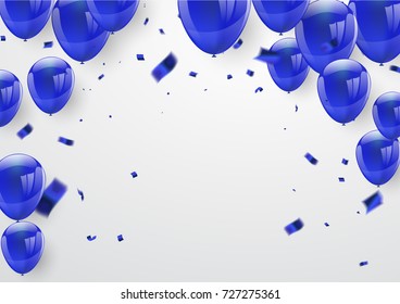 blue balloons, vector illustration. Confetti and ribbons, Celebration background template with.