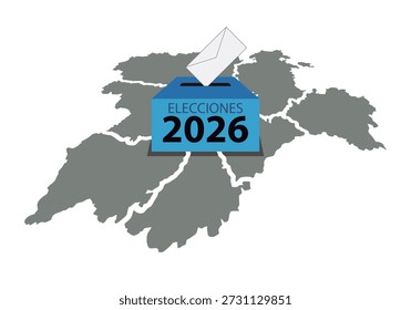 Urna azul con el texto "elecciones 2026" superpuesto en la silueta del mapa de Castilla y León.