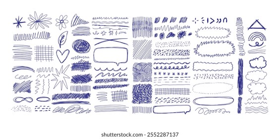 Blue ballpen scribble art collection. Simple scratch squiggle lines set. Hand drawn marks, underline strokes, doodles and arrows. Grunge marker stroke