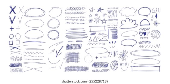 Blue ballpen scribble art collection. Simple scratch squiggle lines set. Hand drawn marks, underline strokes, doodles and arrows. Grunge marker stroke