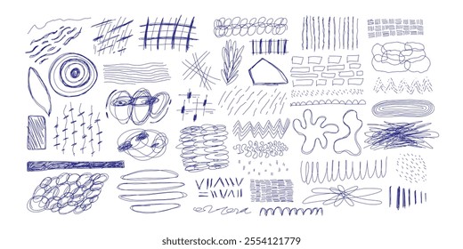 Blue ballpen scribble art collection. Simple scratch squiggle lines set. Hand drawn marks, underline strokes, doodles and arrows. Grunge marker stroke