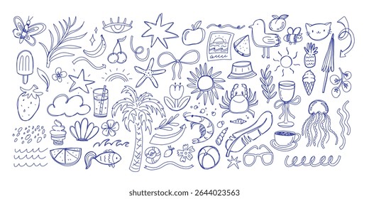 Blue ballpen scribble summer art collection. Simple scratch squiggle lines set. Hand drawn marks, underline strokes, doodles and arrows. Grunge marker stroke