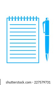 Blue ballpoint and notepad on white background  