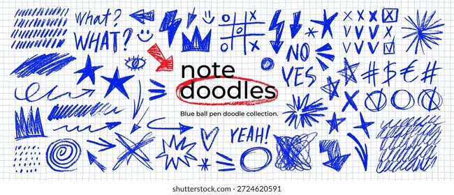 Bolígrafo azul a mano alzada garabatos colección. Crayón dibujado doodle corona, estrella, flecha, cuadrícula y marcas de verificación en el fondo del cuaderno de cuadrícula. Elementos de doodle de nota caótica e ilustración de énfasis lindo
