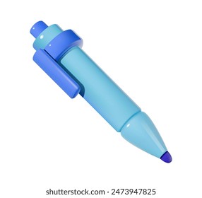 Blue ballpoint pen isolated. 3D vector illustration. Icon of office supplies. Writing and stationery concept.