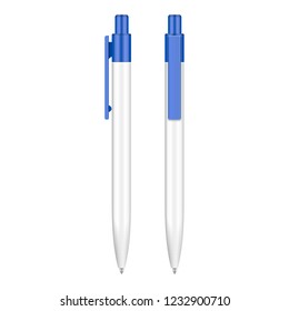 Blue Ballpoint Pen, Pencil, Marker Set Of Corporate Identity And
Branding Stationery Templates. Illustration Isolated On White Background. Mock Up Template Ready For Your Design. Vector EPS10