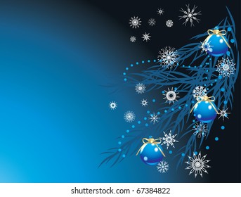 Blue balls with bows and snowflakes on the Christmas tree. Holiday background. Vector