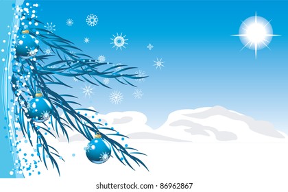 Blue balls with Christmas tinsel. Background for card. Vector