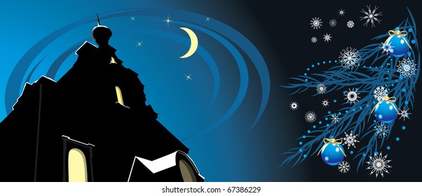 Blue balls on the Christmas tree and night castle. Holiday banner. Vector