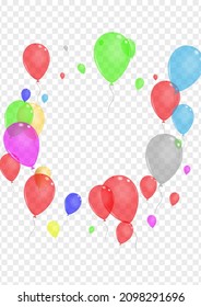 Blue Baloon Background Transparent Vector. Ballon Flying Set. Green Festival. Bright Surprise. Air Holiday Background.