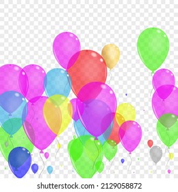 Blue Baloon Background Transparent Vector. Surprise Carnival Design. Pink Isolated. Bright Confetti. Ballon Anniversary Template.