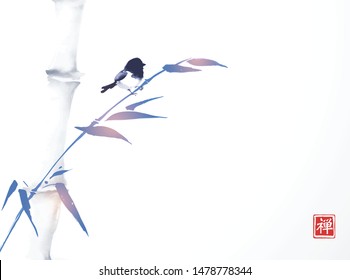 Blue bamboo tree and little bird hand drawn with ink in minimalist style on white background. Traditional oriental ink painting sumi-e, u-sin, go-hua. Hieroglyph - zen.