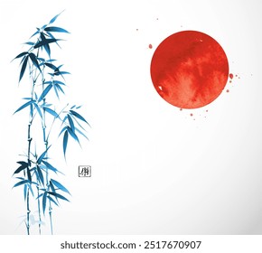 Blue bamboo trees and big red sun. Traditional minimalist Japanese ink wash painting sumi-e. Translation of hieroglyph - joy.