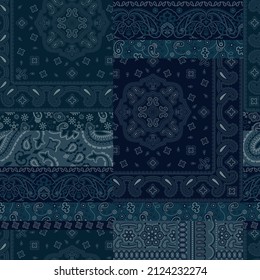 Blue bandana kerchief paisley fabric patchwork abstract vector seamless pattern 