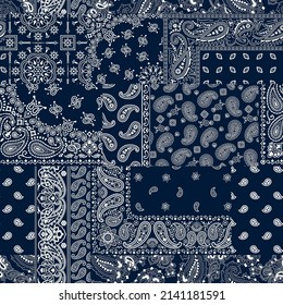Blue bandana kerchief paisley fabric patchwork abstract vector seamless pattern 