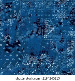 Blue bandana kerchief paisley fabric patchwork grunge abstract vector seamless pattern  svg