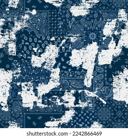 Blue bandana kerchief paisley fabric patchwork abstract vector seamless pattern  grunge  effect in separate layer svg