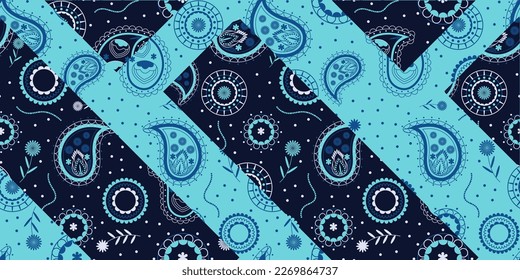 Blue bandana kerchief paisley fabric patchwork abstract vector seamless pattern