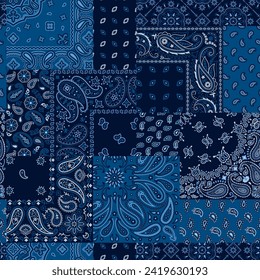 Blue bandana kerchief paisley fabric patchwork abstract vector seamless pattern for scarf kerchief shirt fabric carpet rug tablecloth pillow