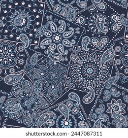 Blue bandana kerchief paisley fabric patchwork abstract vector seamless pattern for scarf kerchief shirt fabric carpet rug tablecloth pillow