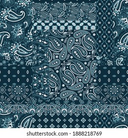 Blue Bandana Paisley Fabric Patchwork Abstract Vector Seamless Pattern 
