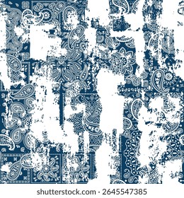 Blue bandana paisley fabric patchwork wallpaper abstract vector seamless pattern for scarf kerchief shirt fabric carpet rug tablecloth pillow grunge  effect in separate layer
