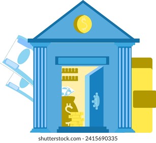 Blue bank building with columns, flying money, vault with gold, and stacked coins vector illustration. Savings and investment concept art vector illustration.