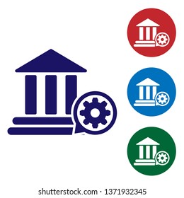 Blue Bank building and gear icon isolated on white background. Adjusting app, service concept, setting options, maintenance, repair, fixing. Set color icon in circle buttons. Vector Illustration