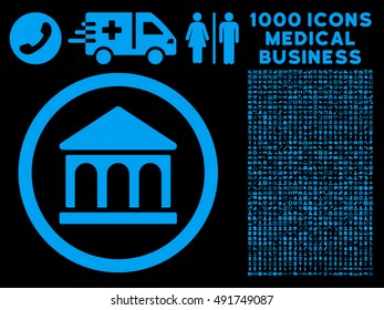 Blue Bank Building vector rounded icon. Image style is a flat icon symbol inside a circle, black background. Bonus set is 1000 medical business elements.