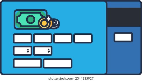 Tarjetas de banco azul con campos vacíos para introducir el número de tarjeta y el número de campo de código de la tarjeta CVC CVV. Pago en línea por bienes y servicios. Icono vectorial del contorno de dibujos animados aislado en la espalda blanca