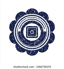 Blue bank safe icon inside distressed grunge style stamp