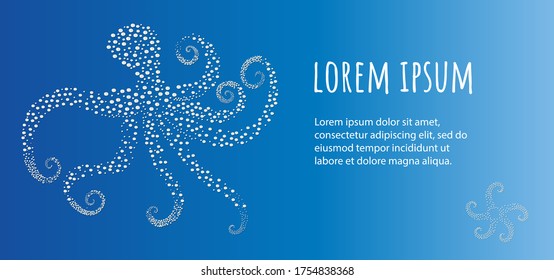 Blue banner with abstract dotted octopus and text. Marine theme.