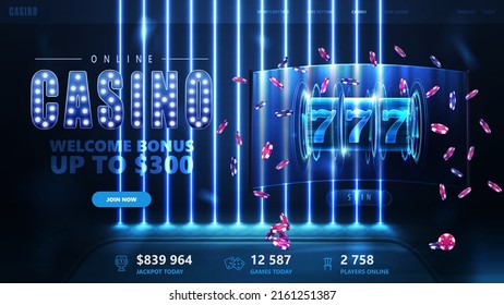 Banner azul con interfaz de realidad virtual aumentada con máquina tragamonedas neon y chips de póker en segundo plano con pared de línea de neón azul