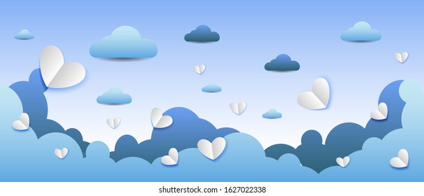 Blue banner background in papercut style. Paper clouds and heart. Love party invitation template