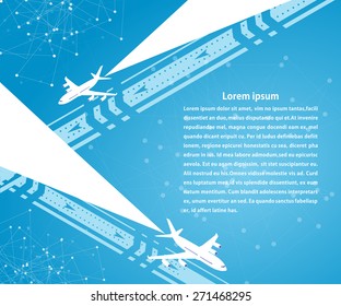 Blue banner and background planes on the runway. Travel. Design for your travel agencies, airlines.