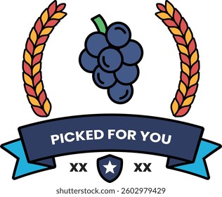 A blue banner with a bunch of grapes and the words "picked for you" written on it