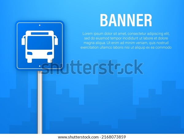 Blue banner with bus station. Vector line\
illustration. Vector flat\
illustration